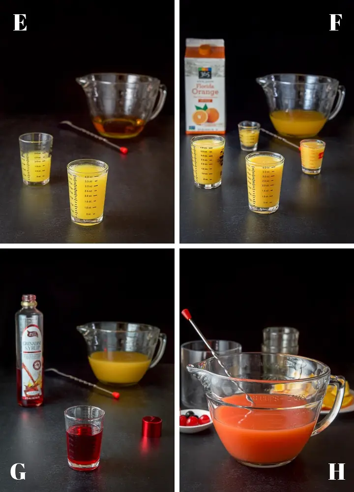 Pineapple juice, orange juice, grenadine poured out and mixed in a bowl with a cocktail spoon