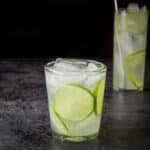 Short glass with the rickey in it with lime wheels as garnish - square