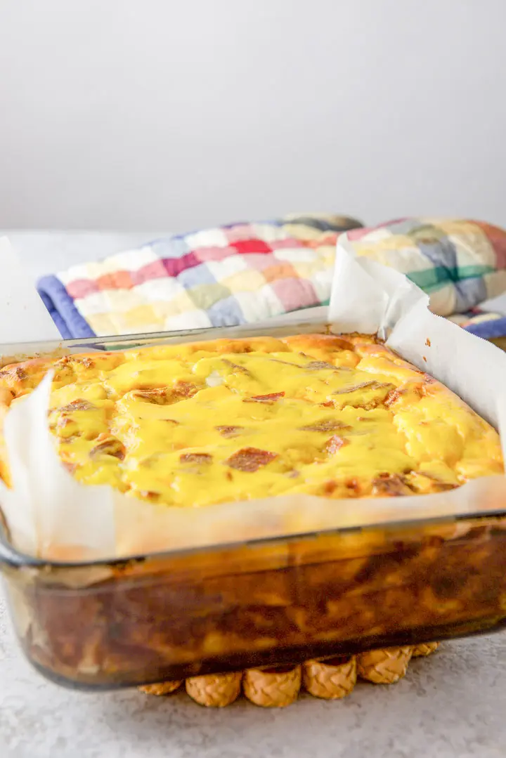 egg casserole directly out of the oven