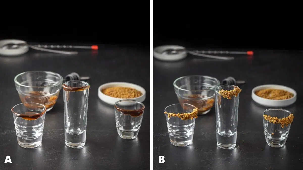 On the left - chocolate sauce on the rims of the shot glasses. On the right - candy added to the chocolate sauce on the rim for garnish