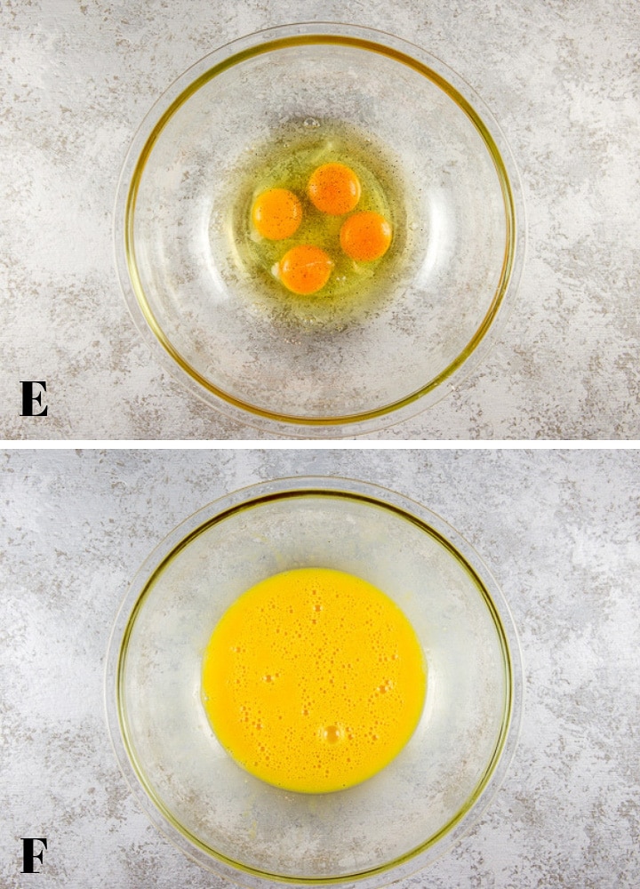 Eggs with pepper and salt and then whisked in a bowl