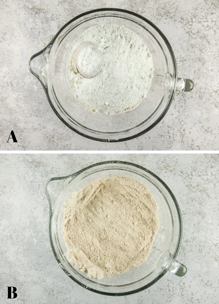 Above - Dry ingredients in a glass bowl and below - dry ingredients mixed together
