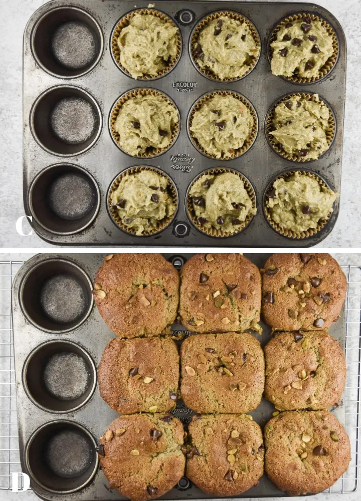 Above - Batter in the pan and below - muffins baked but still in the pan