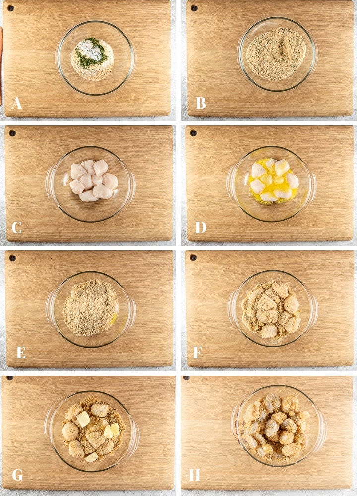 The dry ingredients in a bowl, the scallops and butter in another, the dry ingredients on the scallops, butter in the scallops and shrimp
