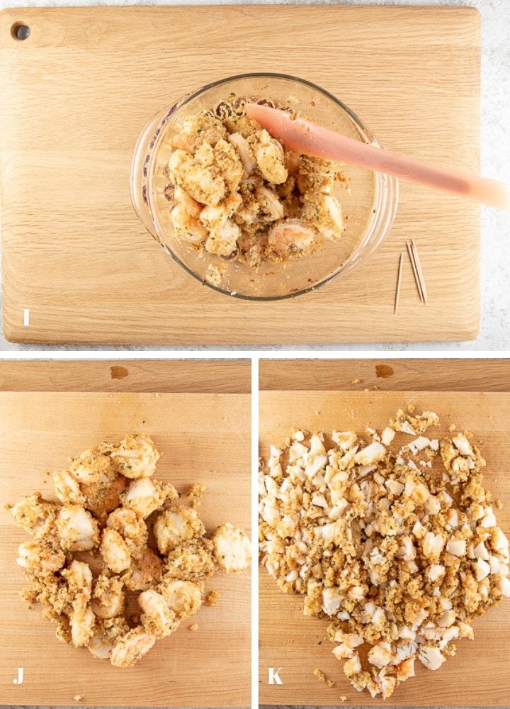Shrimp and scallops with the breading cooked and then cut up