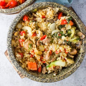 overhead view of the bibimbap in a stone bowl