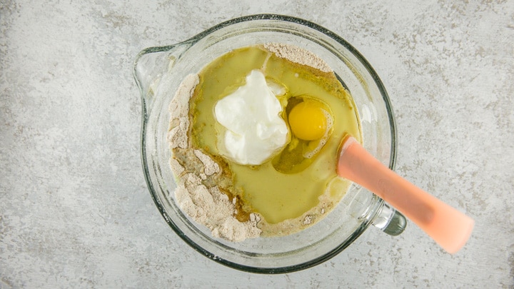 All the wet ingredients in the bowl with the dry ingredients