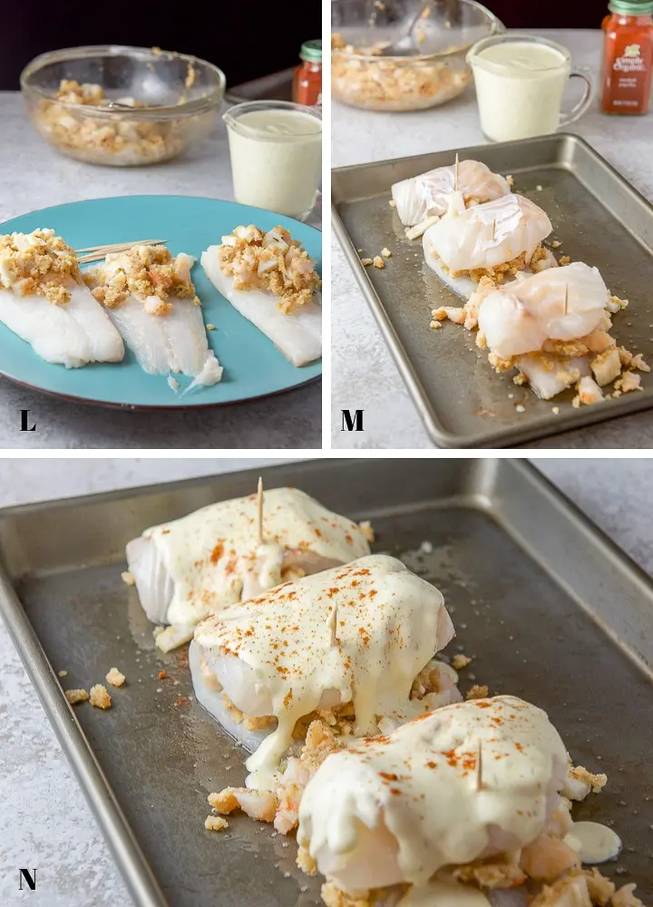 White fish with stuffing, then rolled up on a pan and sauce on top