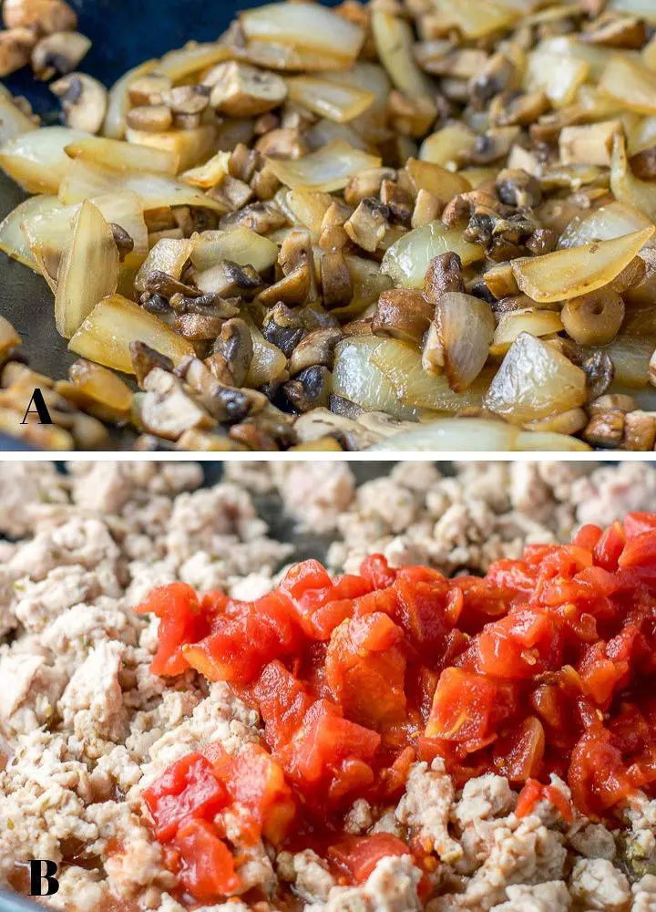Onions and mushrooms cooked on top with chicken and tomatoes on the bottom