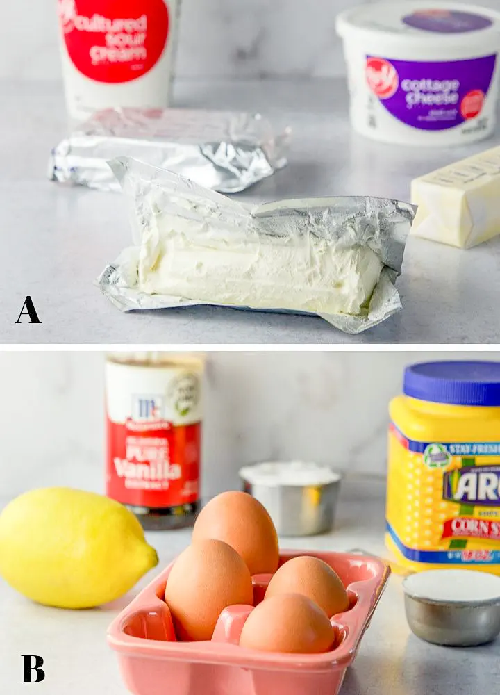 Containers of sour cream, cottage cheese, corn starch and vanilla; measuring cups of sugar and flour; a couple blocks of cream cheese, a stick of butter, a lemon, and four eggs.