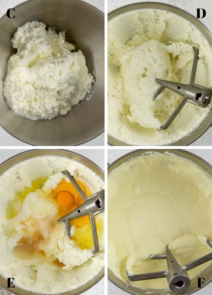 Four mixing bowls viewed from above containing 1) cream cheese and cottage cheese, 2) the two mixed together, 3) this mixture with sugar, vanilla, fresh lemon juice and eggs added and 4) the new mixture fully blended.