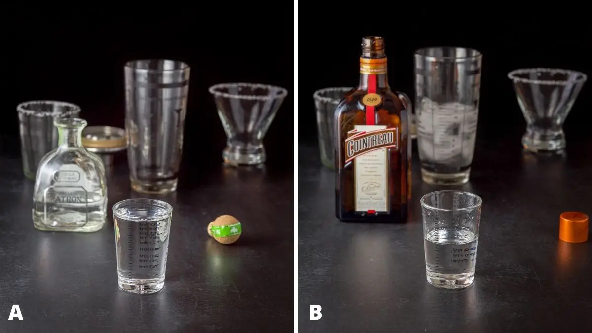 Tequila and Cointreau poured out with bottles, shakers and glassware in the background