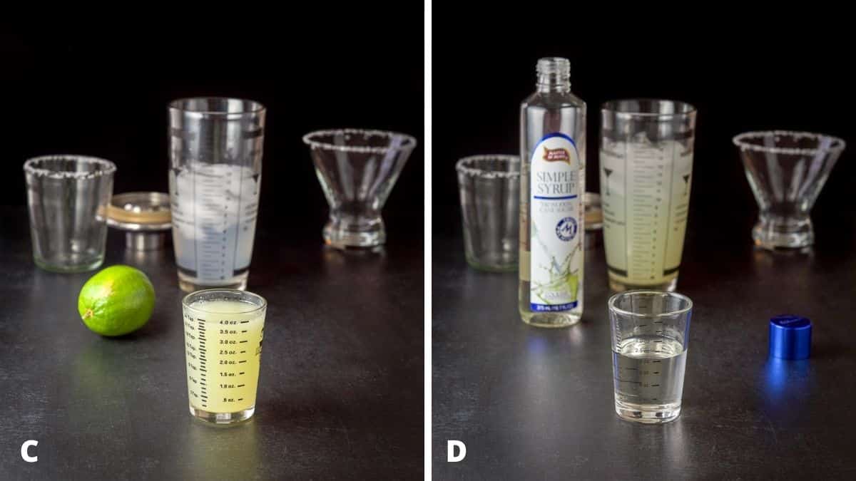 Lime and simple syrup measured out with a lime and simple syrup measured out. The bottles and cocktail shakers are in the background