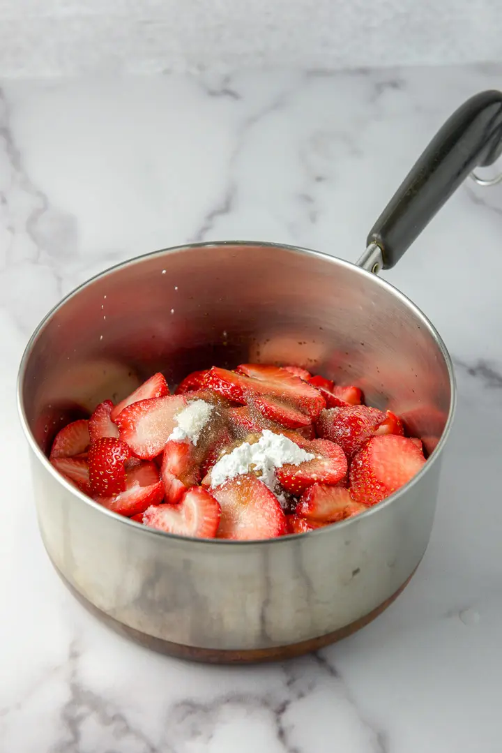 Strawberries, balsamic vinegar, sugar and corn starch in a pan