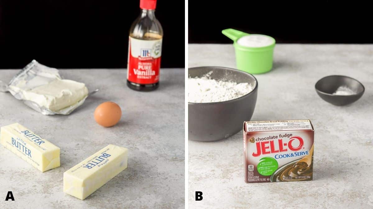 On the left - butter, cream cheese, egg and vanilla. On the right - pudding, flour, sugar and baking soda