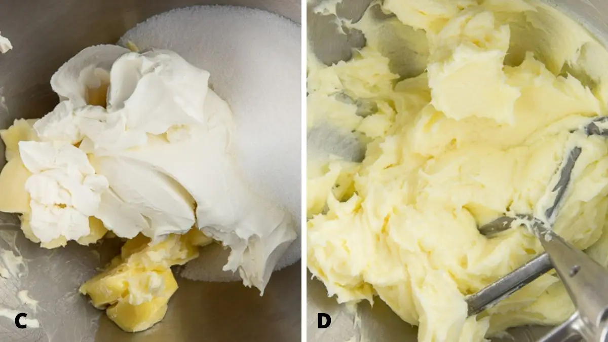 On the left - butter, cream cheese and sugar. On the right - the ingredients creamed