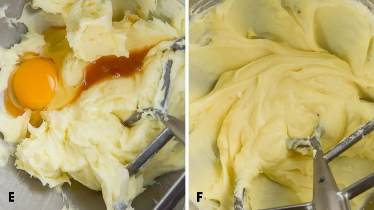 On the left - egg and vanilla added to mixer. On the right - mixed in together