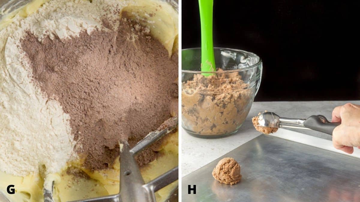 On the left - pudding, flour and baking soda in the mixer. And on the right - a hand holding a scoop of batter over the cookie sheet with a bowl of batter in the background