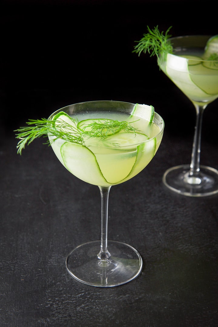Close up of the bowl glass filled with the cucumber martini with dill and cucumber slices