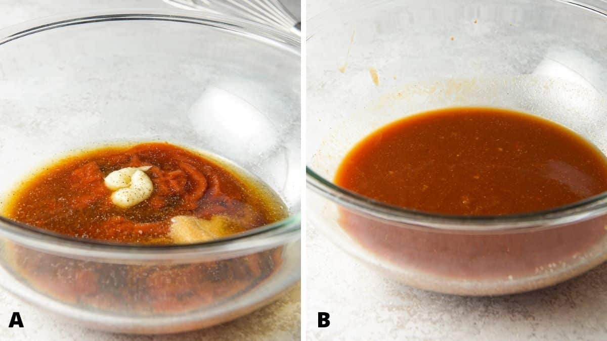 The ingredients for the bourbon sauce in a glass bowl and then whisked until combined