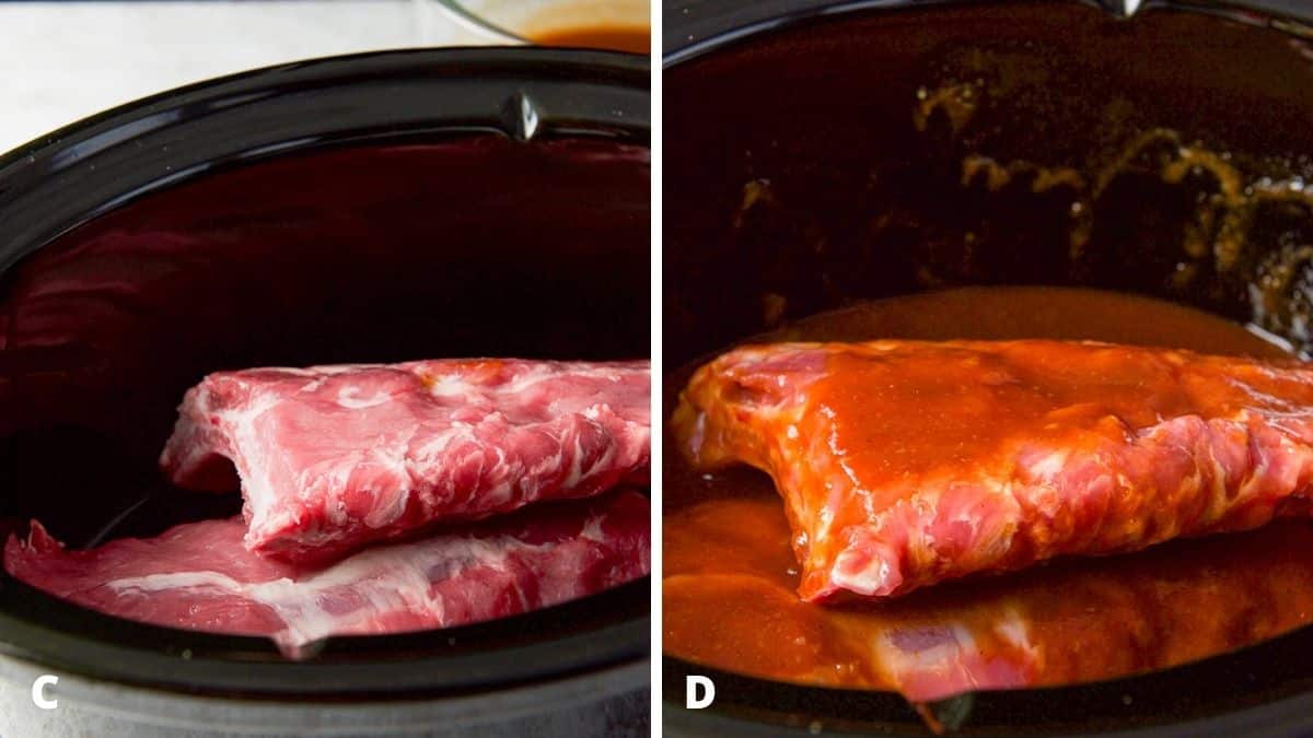 Ribs in the slow cooker insert and the bourbon sauce poured on top