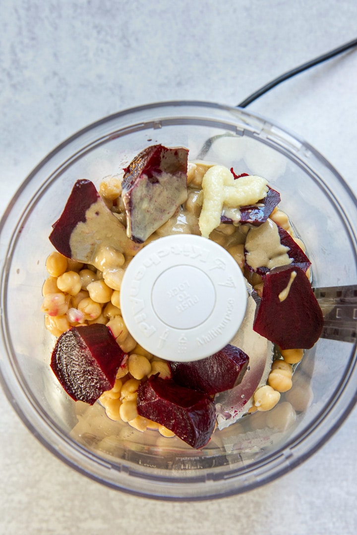 All the ingredients in the food processor for the hummus