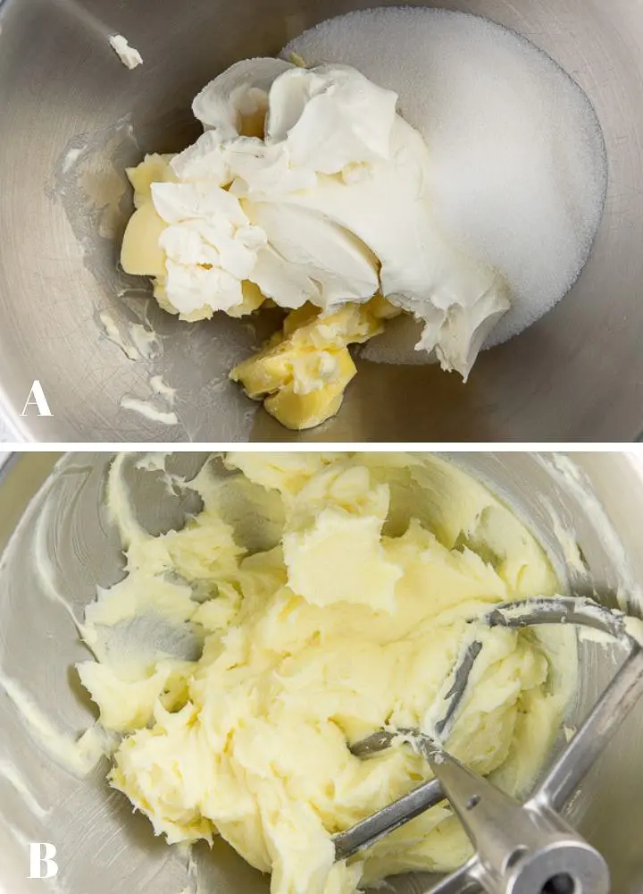 Butter and cream cheese in a mixer and then mixed together