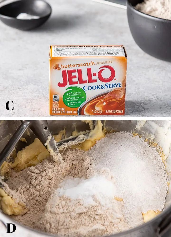 Jello pudding mix, flour, baking soda and salt on a table and then added to the mixer