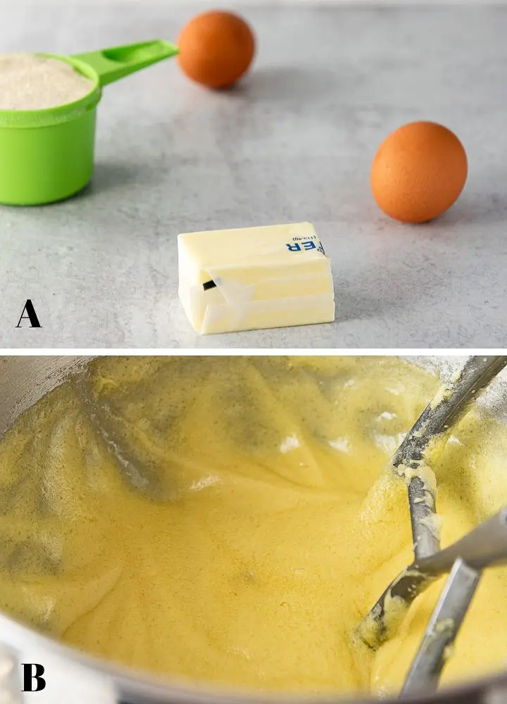 butter, egg and sugar put in a mixer and mixed together
