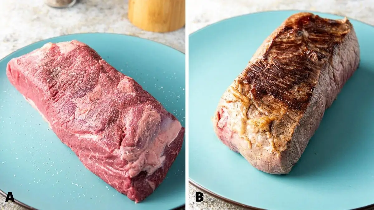 The bottom round roast on a blue plate with a salt cellar in the background on the left and the meat seared on the right