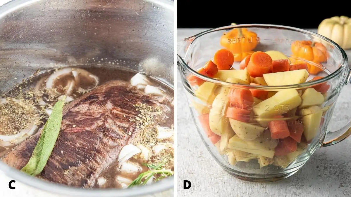 On the left, the seared meat  with the onion, herbs and broth in the insert and on the left the potatoes, carrots and celery in a glass bowl on the right