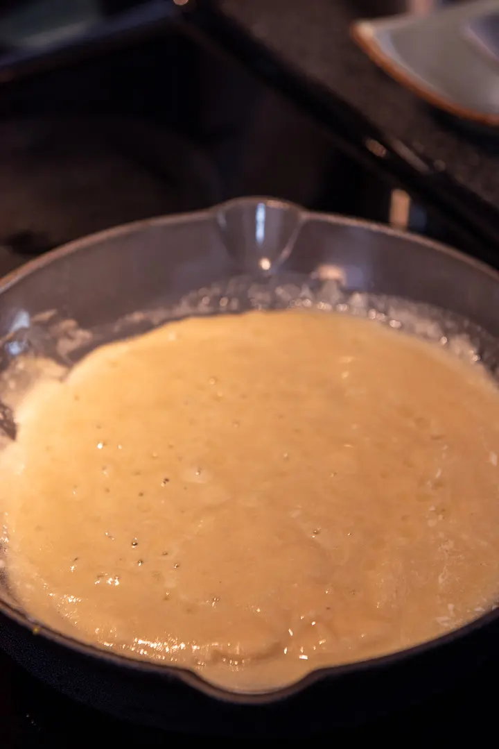 Butter and flour made in a roux in a cast iron pan