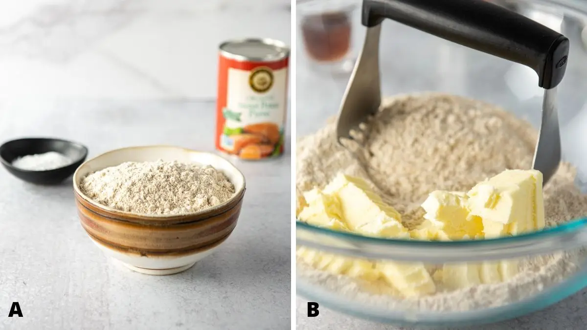 Left - flour, baking powder and canned potato. Right - a glass bowl with the dry ingredients with butter in it