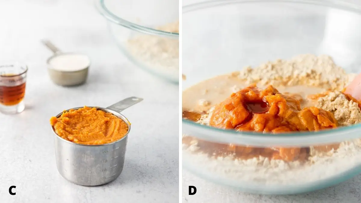 Left - sweet potato, maple syrup, milk. Right - wet ingredients added to the glass bowl of dry ingredients