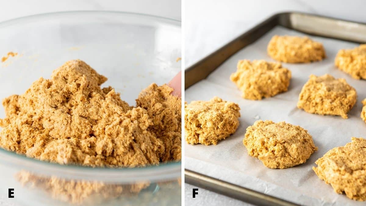 Left - glass bowl with potato biscuit dough. Right - biscuits formed on a pan