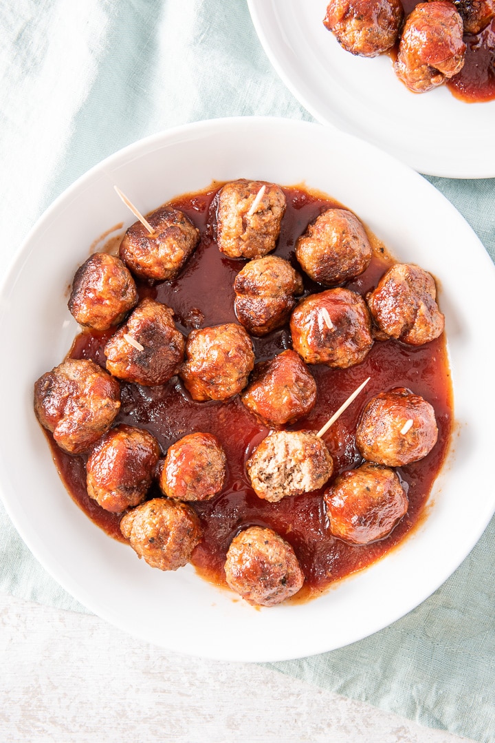 Overhead view of the plate of bourbon meatballs