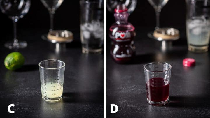 Lemon juice and pomegranate juice poured out with the lime and bottle in the background