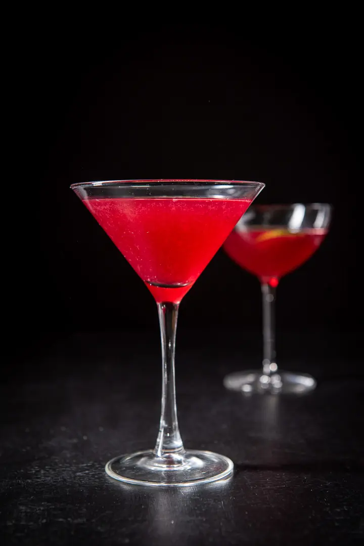 Vertical view of the classic martini glass with the red cosmo