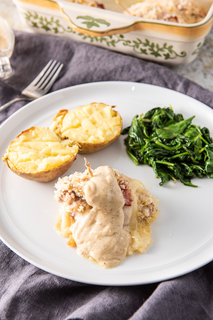 Mustard sauce on the draped on the cordon bleu