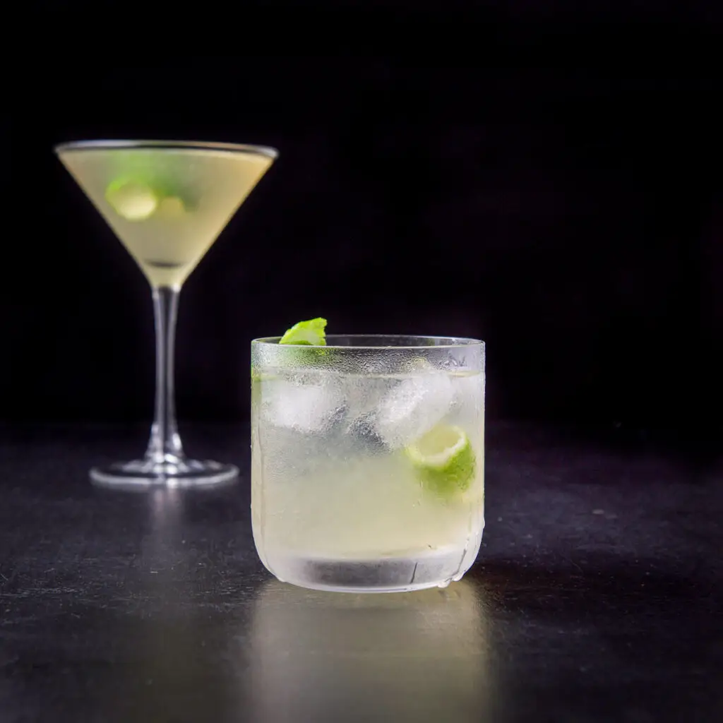 Rocks glass filled with the gimlet with lime twists - square
