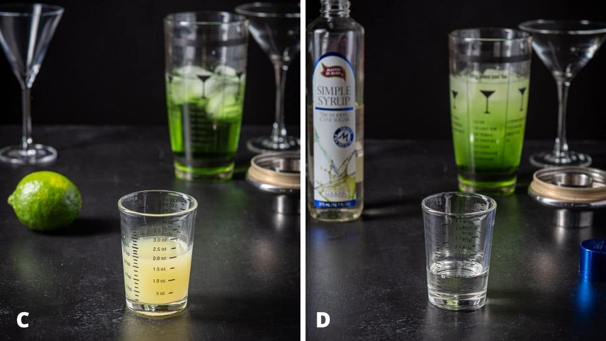 Lime juice and sweetener for the measured out with the shaker and glasses in the background