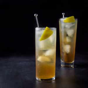 Collins glass with the amber cocktail in front of the wider taller glass - square