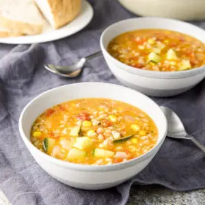 Grey bowl of vegetable soup - square