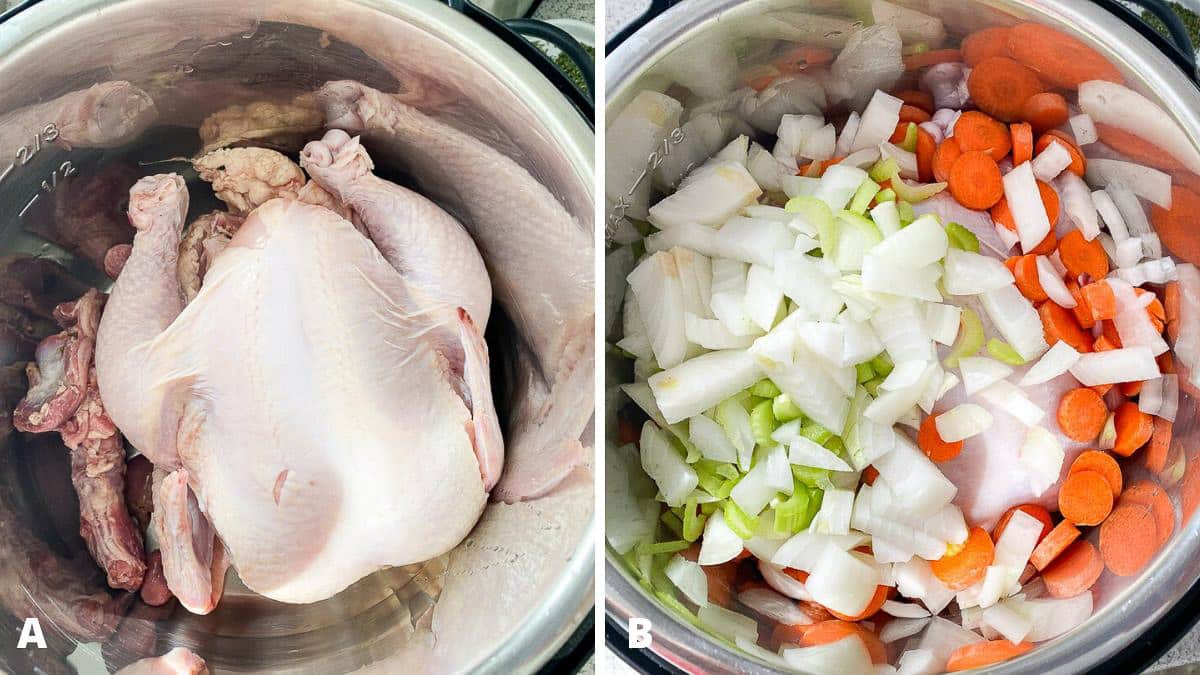 Chicken in the pan insert on the left and the veggies added on the right