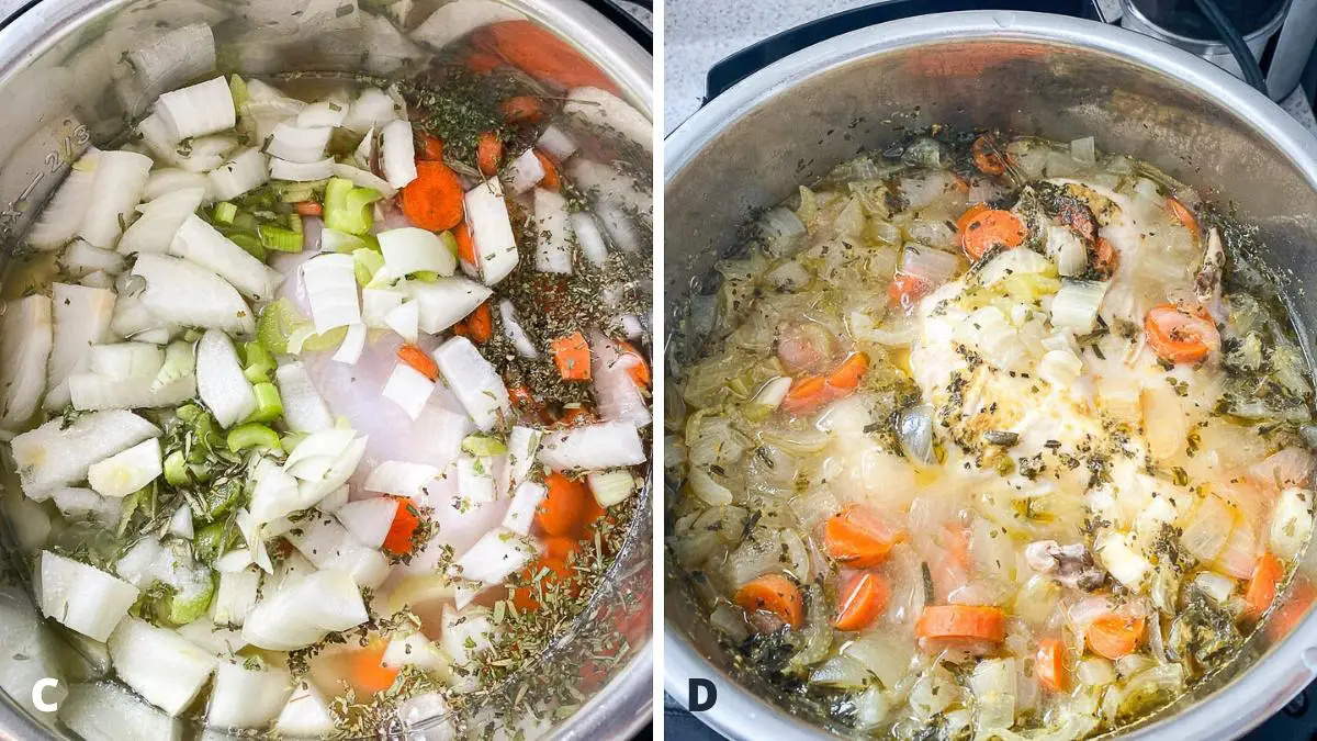 Broth and herbs added to the instant pot and cooked