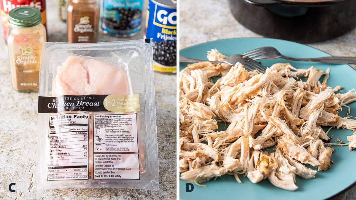 Ingredients and shredded chicken for the soup