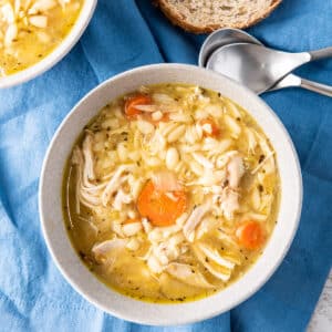 Overhead view of the soup in grey bowls