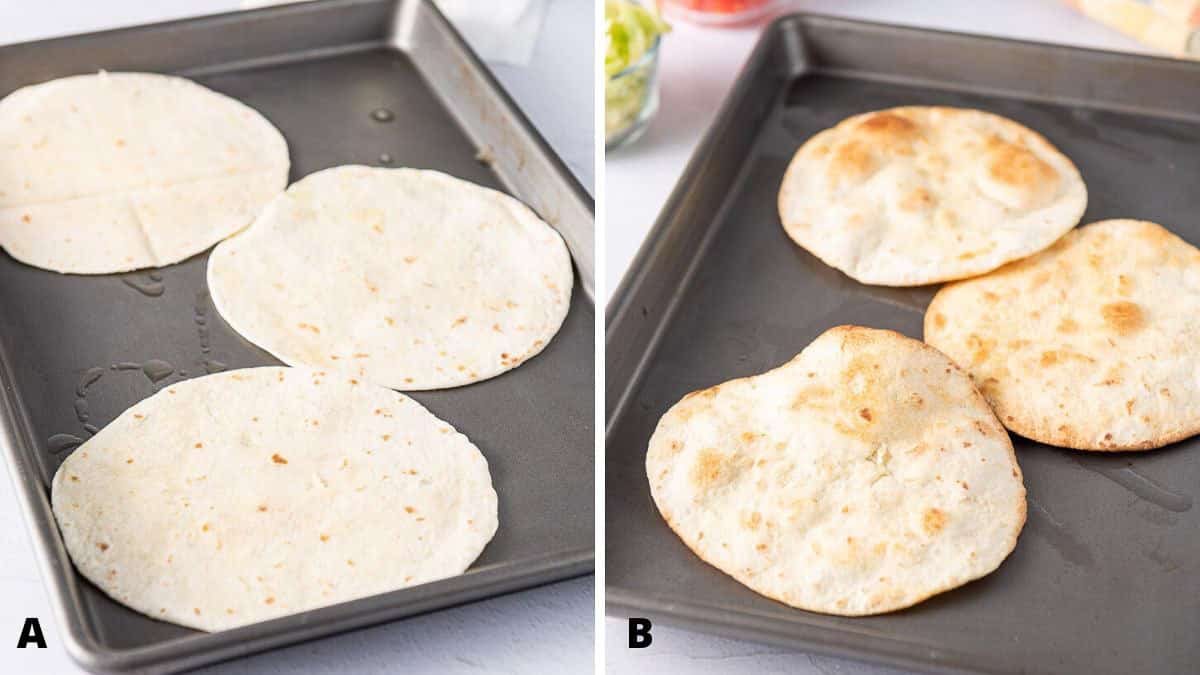 Flour tortillas on a pan toasted