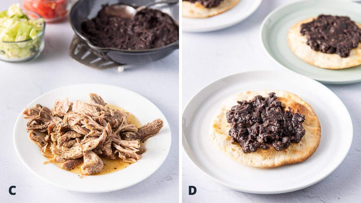 Pulled pork on a plate and beans on tortillas