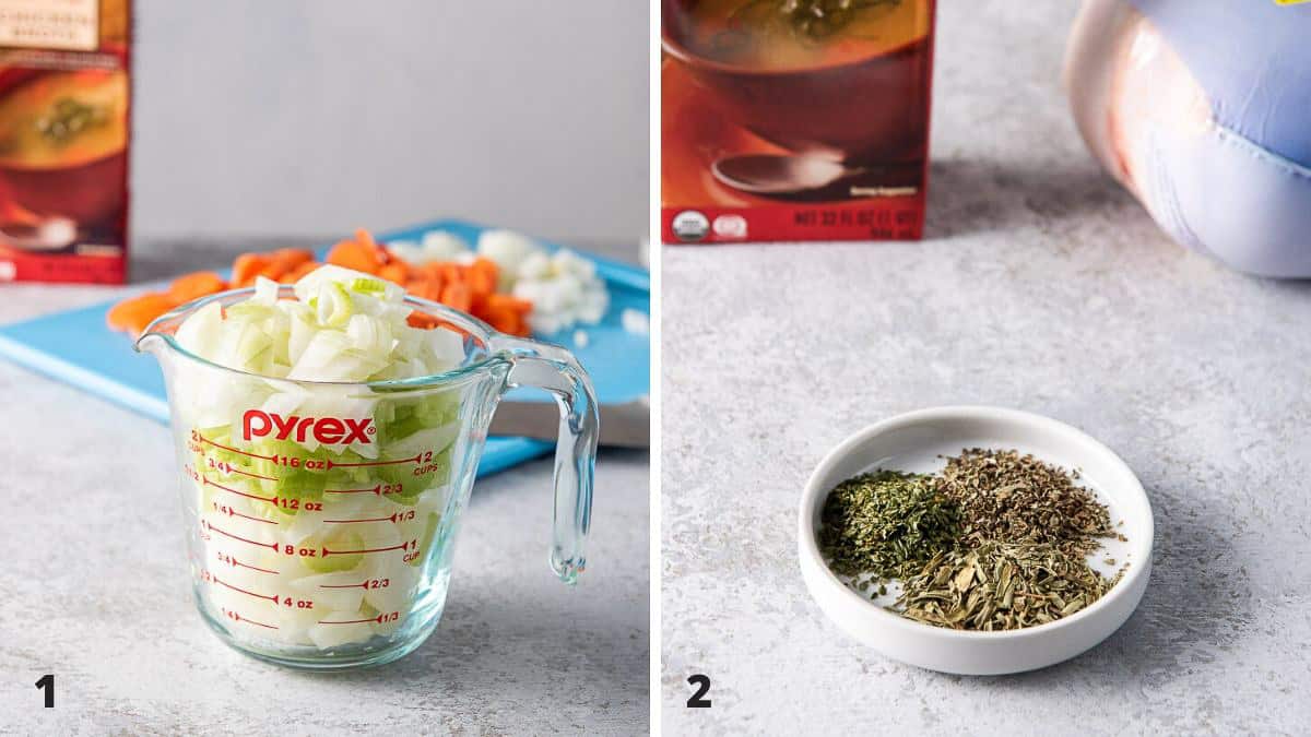 Veggies, broth and herbs on a grey table